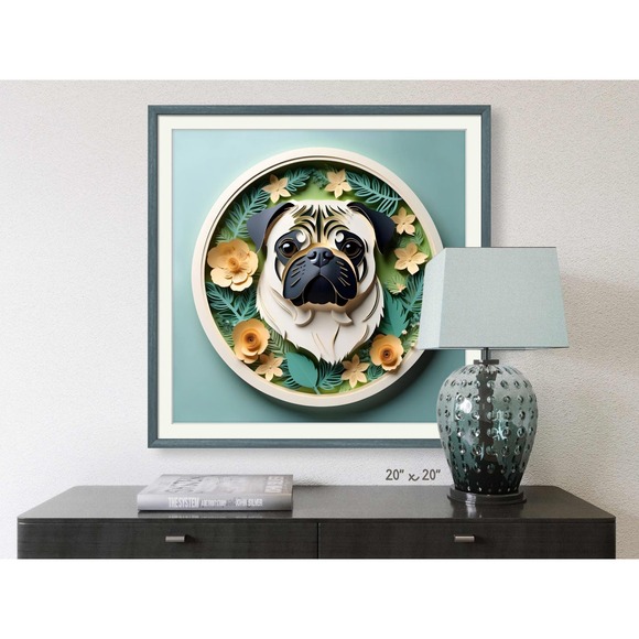 Pug Papercut Art: 12x12 Tan Pug Dog Pet Portrait Digital Art Print, Memorial - Picture 3 of 7
